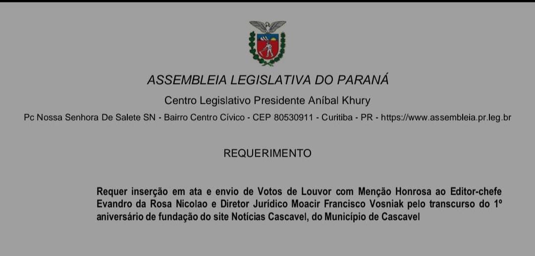 Um Ano de Notícias: ALEP Homenageia o Site Notícias Cascavel com Votos de Louvor com Menção honrosa
