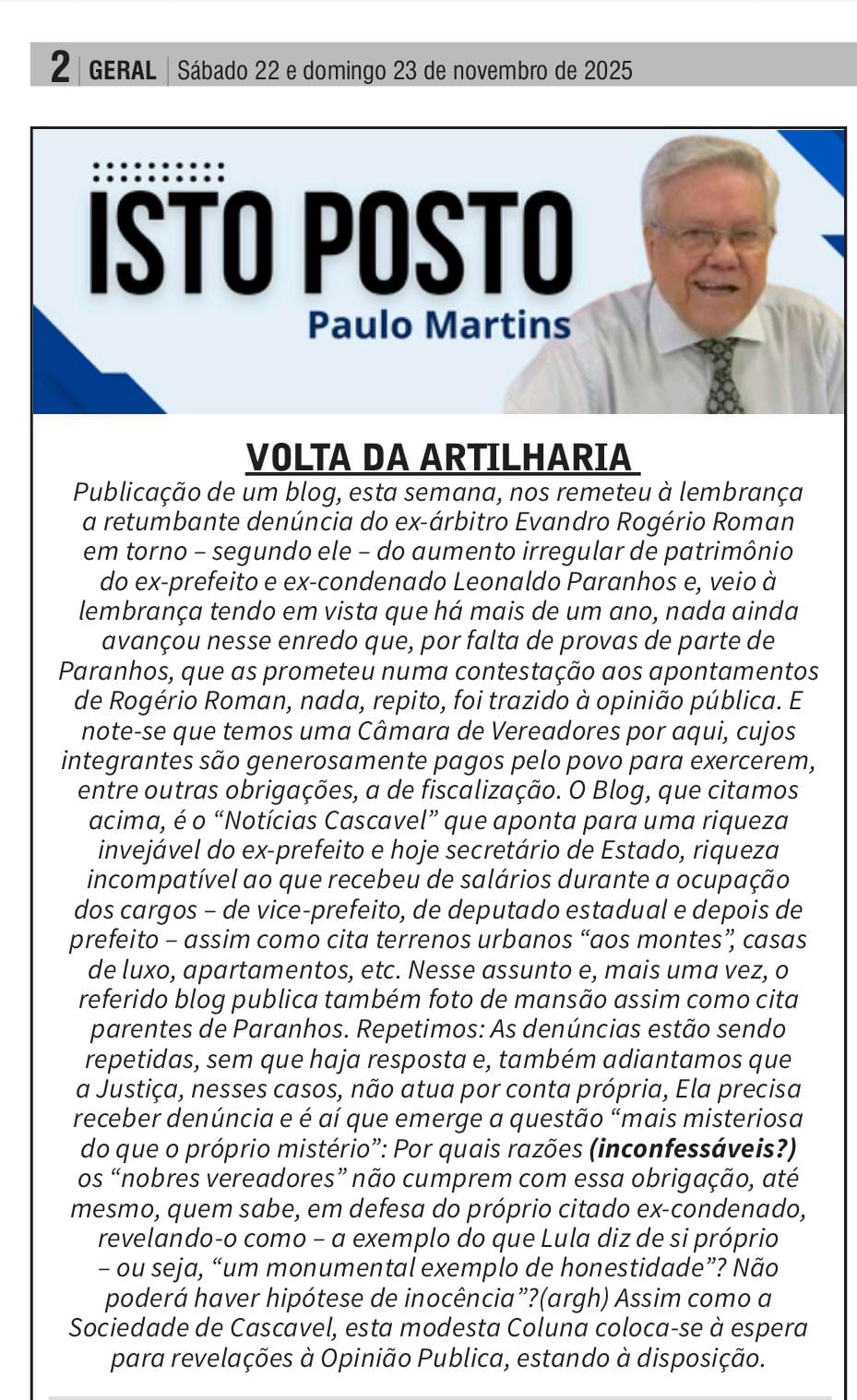 Agradecimento ao Jornalista Paulo Martins pela Citação da Matéria do Notícias Cascavel em Sua Crônica