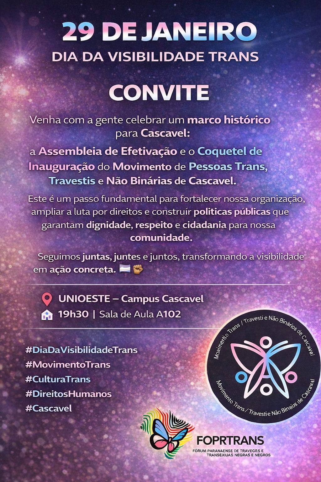 Cascavel realiza Assembleia de Efetivação do Movimento Trans no Dia da Visibilidade Trans