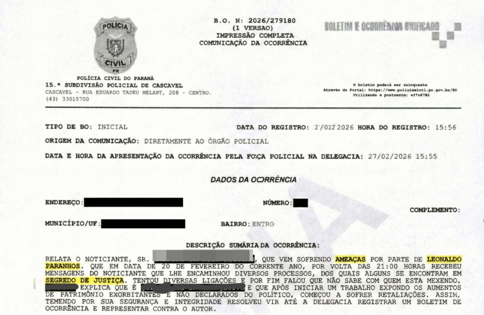 Ameaça, Coação e Tráfico de Influência: Notícias Cascavel Registra Boletim de Ocorrência e Abre Processo Criminal Contra Leonaldo Paranhos