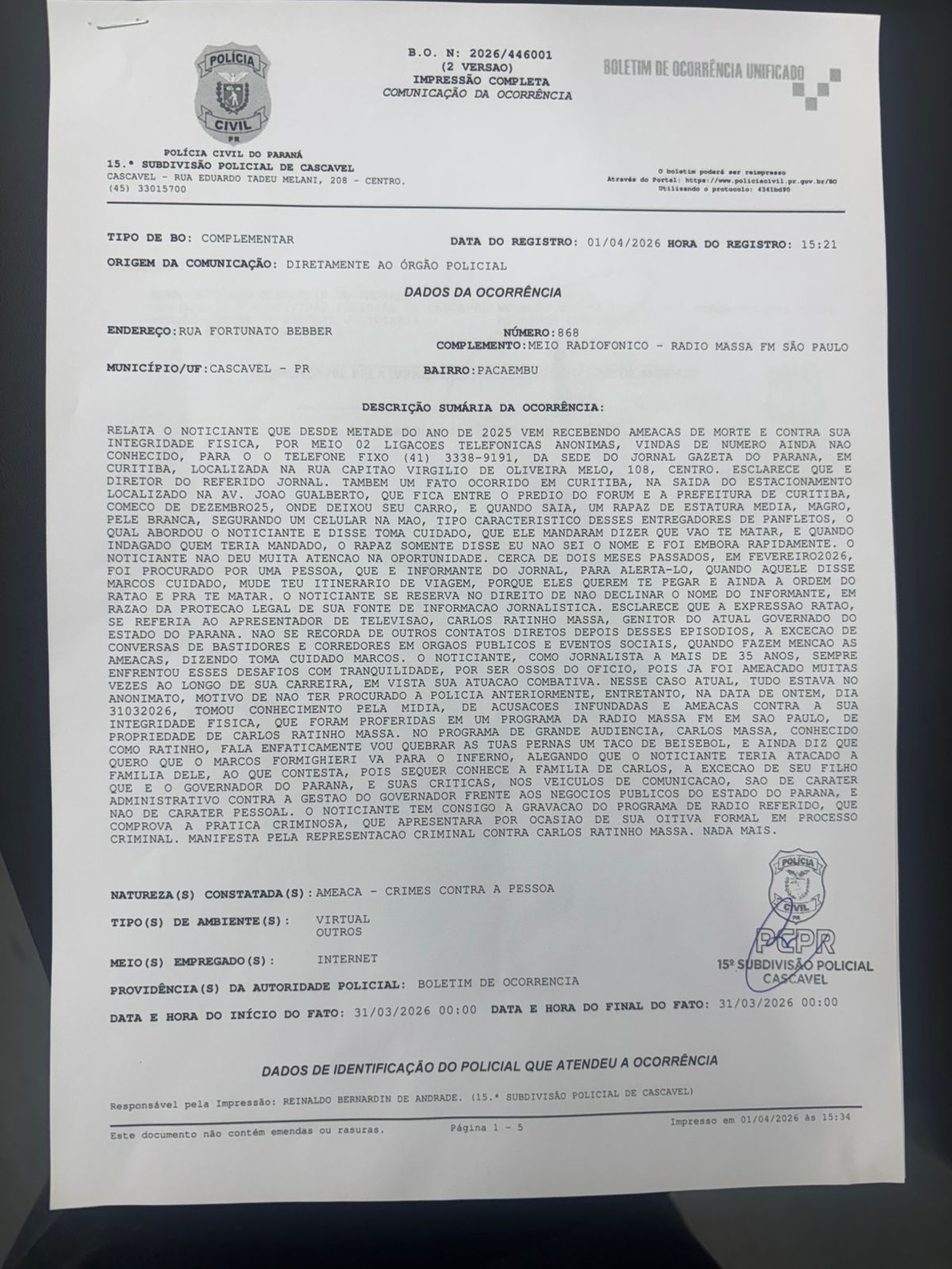 O Preço da Liberdade de Imprensa Veja o Documento do Boletim de Ocorrência de Marcos Formighieri Contra Ratinho