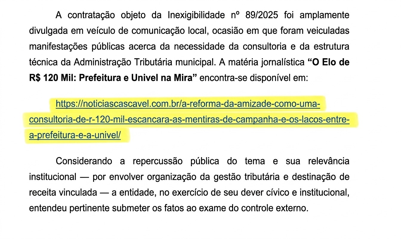 TCE-PR Suspende Contrato de R$ 120 Mil da Prefeitura de Cascavel Após Denúncias e Matéria do Site Notícias Cascavel; Veja Documentos
